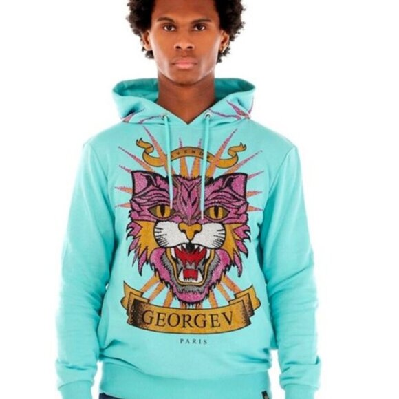 Avenue George V Crystal Spike Tiger Hoodie Blue Paris Embellished Sweatshirt L